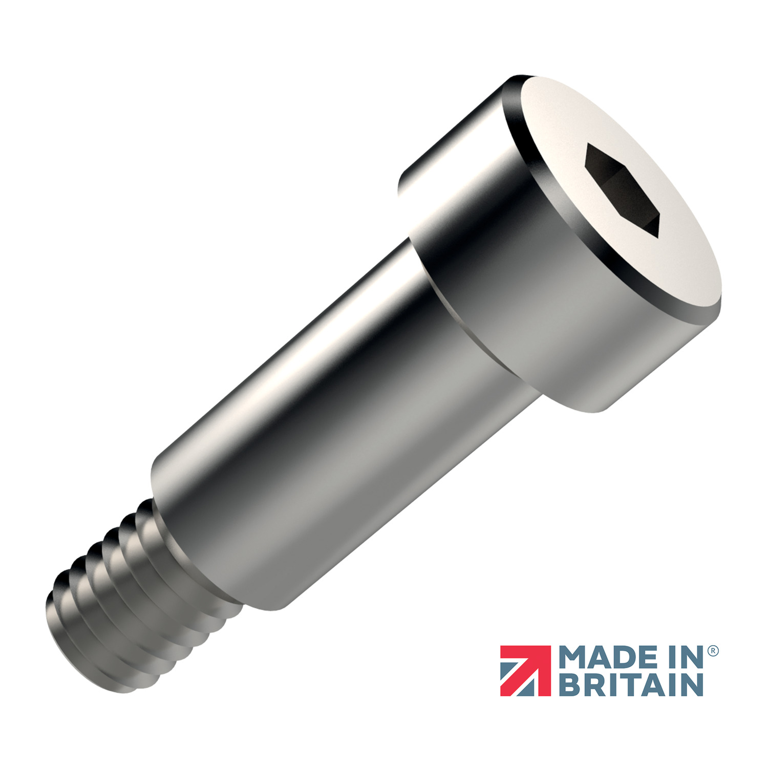 sideways view of silver coloured cap head shoulder screw  with hex drive